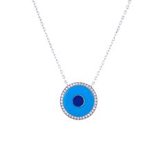 14K White Gold Turquoise Diamond: 0.6 CT Weight Evil Eye: 7/8" Diameter 15-18" Adjustable Chain Custom Clasp Blue Gemstone Diamond Necklace, Fine Jewelry, Blue Gemstone Diamond Necklace In Fine Jewelry Style, Luxury Blue Diamond Gemstone Necklace, Luxury Blue Gemstone Diamond Necklace, Luxury Sterling Silver Turquoise Necklace, Luxury Sterling Silver Necklace In Turquoise, Luxury Turquoise Sterling Silver Necklace, Luxury Blue Diamond Pendant Necklace, Luxury Blue Pendant Diamond Necklace