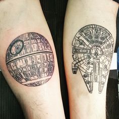 two people with tattoos on their legs that look like they are from the star wars