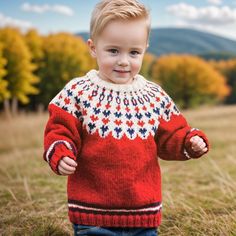 a little boy standing in the grass wearing a sweater