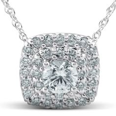 This womens high quality pendant features a 3/4ct center round cut diamond and 33 round cut accent diamonds. All diamonds are prong set in solid 14k white gold high polished mounting. An 18" chain is included. Color: gold/white. Gender: female. Age Group: adult. Diamond Necklace With Halo Setting, Dazzling Diamond Necklace With Round Cut Accents, Diamond White Lab Grown Diamond Necklace With Accents, Round Cut Diamond Necklace With Diamond Accents, Dazzling Lab Grown Diamond Necklace With Accents, White Gold Lab Grown Diamond Necklace With Accents, White Gold Diamond Necklace With Lab-grown Diamonds, White Gold Diamond Necklace With Lab Grown Diamonds, White Gold Diamond Necklace With Round Cut Accents