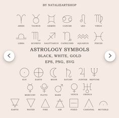 astrology symbols and their meanings are displayed on a white background with the text astrology symbols black, white, gold