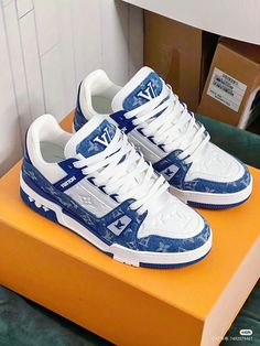 Luxury Blue Casual Custom Sneakers, Luxury Custom Blue Sneakers For Women, Luxury Blue Custom Sneakers For Women, Luxury Blue Nike Sneakers, Luxury Designer Blue Custom Sneakers, Louis Vuitton Shoes Sneakers, Lv Sneakers, Pretty Sneakers