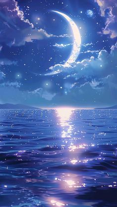 the moon is shining in the night sky over the ocean with stars and clouds above it