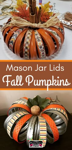 mason jar lid pumpkins with the words mason jar lids fall pumpkins on them