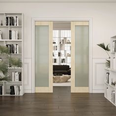 an empty room with bookshelves and plants in the corner on either side of the door