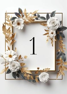 the number one is surrounded by white flowers and greenery in a gold frame on a white background