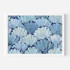 blue seashells are arranged in an abstract pattern on a white background framed art print