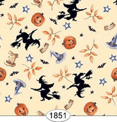 a halloween themed background with pumpkins, witches and bats on white fabric in various colors