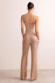 Audrey Champagne Sequin Cross Front Flared Leg Jumpsuit With Keyhole – Club L London - USA Bronzed Skin, Black Dress Prom, Black Tie Gala, Party Dress Long Sleeve, Beautiful Figure, Bridesmaid Outfit, Black Sequin Dress, Black Velvet Dress, In The Spotlight