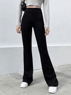 Elastic Waist Wide Leg Flared Pants High Waist Solid Flare Leg Pants - AnotherChill Black Straight Pants Women, Flare Pants Black Outfit, Flared Black Pants Outfit, Black Flair Pants Outfit, Flair Pants Outfit, Black Yoga Pants Outfit, Flair Pants, Black Flare Pants, Streetwear Pants