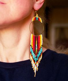 Ethnic Shoulder Duster Earrings Extra Long Earrings Long - Etsy Extra Long Earrings, Shoulder Duster Earrings, Duster Earrings, Beaded Earrings Diy, Native Beadwork, Ethnic Necklaces, Long Fringe, Long Fringes, Native Style