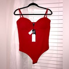 I Had To Order A Different Size So New With Tags. Color: Lipstick Red Size: Large Fitted Underwire Bodysuit With Straps, Spring Fitted Bodysuit With Straps, Fitted Straps Bodysuit For Spring, Red Fitted Swimwear With Spaghetti Straps, Fitted Red Swimwear With Straps, Red Fitted One-piece Bodysuit, Fitted Red Tops With Straps, Red Sleeveless Lined Bodysuit, Red High-waist Swimwear For Party