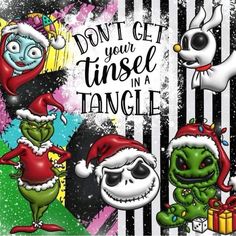 some cartoon characters wearing christmas hats and holding presents in front of a black and white striped background