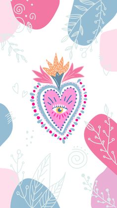 a heart with flowers and leaves on a pink, blue, and white background that says happy valentine's day