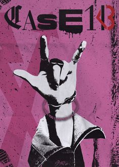 a pink and black poster with an image of a hand making the peace sign on it