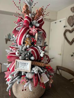 a decorated christmas tree sitting on top of a wooden table