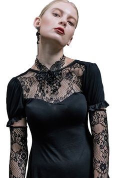 Pick a Mood Gothic Tops With Lace Trim For Fall, Crew Neck Lace Blouse, Gothic Fitted Top With Sheer Sleeves, Fitted Gothic Top With Sheer Sleeves, Lace Tops With Crew Neck And Lace Sleeves, Lace Top With Lace Sleeves And Crew Neck, Black Gothic Top With Sheer Sleeves, Gothic Lace Top For Fall, Gothic Lace Tops For Fall