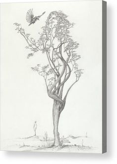 a drawing of a tree with a bird flying over it and the image is in black and white