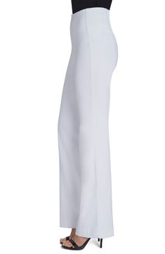 Slimming lines and a comfortable high waist create a streamlined look in wide-leg trousers cut from stretch-cotton denim. 33" inseam; 10" leg opening; 10 1/2" front rise; 13 1/2" back rise Side zip closure Back welt pockets 95% cotton, 5% spandex Machine wash, line dry Imported Hosiery Elegant Wide-leg Pants With 4-way Stretch, Elegant High-waisted Stretch Pants, Elegant High-waisted 4-way Stretch Pants, Elegant Stretch Wide-leg Pants, Elegant 4-way Stretch Straight Pants, Fitted Wide Leg Elastane Pants For Spring, Versatile Wide Leg Pants With Minimal Stretch, Elegant Stretch Wide Leg Full-length Pants, Elegant Wide Leg Stretch Pants