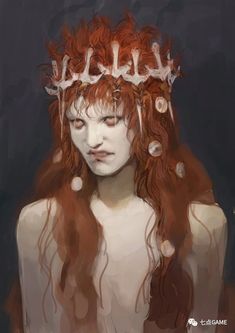 a painting of a woman with long red hair wearing a crown of birds on her head