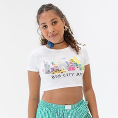 White crop top, women's fit. Our model is wearing size XS/S. 52% cotton, 48% polyester Big City, White Crop, White Crop Top, Crop Top, Crop Tops, How To Wear, White