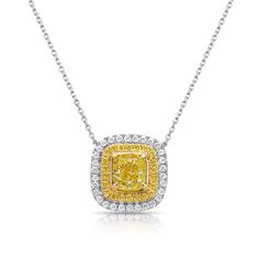 Beautiful pendant with an 0.82ct Fancy Yellow Cushion GIA in a halo of white and yellow diamonds 18kt Yellow and White Gold Fancy Yellow Diamond Necklace, Yellow Diamond Fine Jewelry Necklace, Luxury Yellow Diamond Necklace With Accents, Yellow Diamond Necklace In Fine Jewelry Style, Fine Jewelry Yellow Diamond Necklace, Yellow Diamond Necklace With Brilliant Cut, Yellow Diamond Halo Jewelry, Luxury Yellow Halo Jewelry, Yellow Diamond Necklace