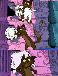 several cartoon cats are standing in front of a purple wall and one cat is sitting on the floor