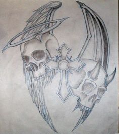 a drawing of a skull with horns and wings