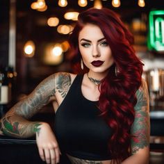 Makeup Looks For Dark Red Hair, Gothic Red Hair, Red Hair And Tattoos, Red Hair Looks, Aesthetic Hairstyles, Wine Hair, Dark Red Hair, Bright Red Hair, Pretty Hair Color