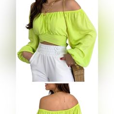 Line Green/Yellow Crop Top Balloon Sleeve Crossover Front Open Back Tie Back Elastic At Wrists & Neckline Can Be Worn On Or Off Shoulder Classy Blouses, Yellow Crop Top, Front Open, Lime Green, Movie Stars, Off Shoulder, Womens Sizes, Crop Tops, Womens Tops