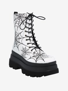 Get tangled up in these white combat boots  featuring allover black spiderweb designs. Comes with side zipper closure.Listed in women's sizes.Polyurethane upper; foam soleImported Emo Goth Clothes, Spiderweb Designs, Goth Sneakers, Emo Boots, Grunge Shoes, White Combat Boots, Skull Shoes, Goth Shoes, Goth Boots