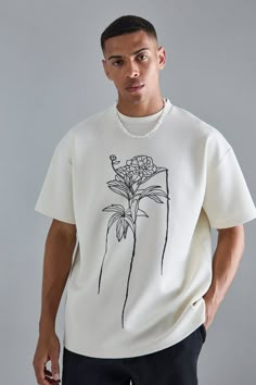 Oversized Floral Line Drawing Scuba T-shirt | boohooMAN USA Japan T Shirt, Etsy Tshirt, Floral Line Drawing, Oversize Tshirt Outfits, Race Day Outfits, Gym Jacket, Going Out Trousers, Printed Tshirt, Plus Size Suits