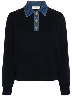 SANDRO denim-detailed Polo Shirt | Blue | FARFETCH Blue Polo Collar Sweater For Work, Blue Collared Polo Sweater For Workwear, Blue Polo Collar Sweater For Fall, Blue Polo Sweater With Ribbed Collar For Work, Blue Polo Sweater For Fall, Blue Cotton Polo Sweater For Work, Blue Cotton Polo Sweater For Workwear, Navy Top With Contrast Collar For Workwear, Blue Collared Polo Sweater For Fall