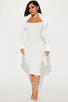 Available In Black And Ivory. Sweater Midi Dress Long Sleeves Faux Fur Collar And Cuffs Stretch Body: 80% Rayon 20% Polyester Faux Fur: 100% Polyester Imported | Shilah Faux Fur Sweater Midi Dress in Ivory size 1X by Fashion Nova Serwaa Amihere, Hot Summer Outfits, Sweater Midi Dress, Blessed Wednesday, Faux Fur Sweater, Fashion Nova Outfits, Janet Guzman, Fur Sweater, Ivory Sweater