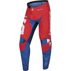 a red and blue pants with white letters on it