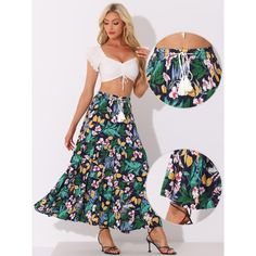 Full of boho charm, this flowy, floral-printed maxi is styled with a tassel drawstring waist. This floaty printed skirt makes a great vacation choice. Made of rayon, the piece comes with a maxi length and presents a single-tier styling that reinforces the boho feel. Team it with flat sandals and a tucked-in relaxed shirt or peasant top. A nice choice for summer vacation. Casual Maxi Skirts, Boho Tassels, Casual Maxi Skirt, Skirts Flowy, Maxi Skirt Boho, Tiered Maxi Skirt, Floral Print Maxi, Boho Maxi, Women's Skirts