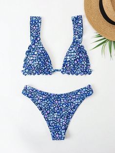 Royal Blue Cute Collar   Ditsy Floral  Embellished High Stretch  Women Clothing Swim Summer, Beach Floral, Elegant Lingerie, Blue Cute, Cute Bathing Suits, Perfect Bra, Swim Suits, Summer Swim Suits, Cute Swimsuits