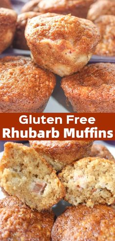 gluten free rhubarb muffins stacked on top of each other