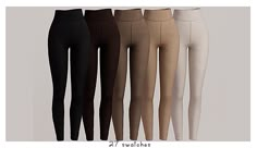 five pairs of women's leggings are shown in different colors and sizes