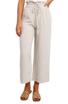 These cropped wide-leg pants are crafted from a lightweight linen blend and topped with a smocked waist and handy side pockets. Ties at waist Side pockets 65% linen, 35% cotton Hand wash, dry flat Imported Spring Beige Wide Leg Pants With Pull-on Style, Beige Cropped Wide Leg Pants With Pockets, Beige Wide Leg Cropped Pants With Pockets, Spring Linen Pull-on Bottoms, Spring Linen Wide Leg Pants With Elastic Waistband, Casual Linen Cropped Capris, Casual Linen Cropped Leg Capris, Casual Cropped Linen Capris, Chic Linen Wide Leg Pants With Pull-on Style