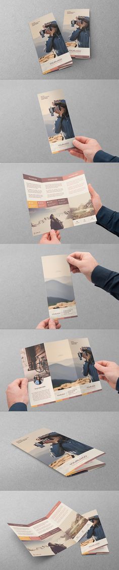 four different views of the same person's hand holding an open book with photos on it