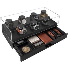 It’s time to display your whole collection.  With the innovative two-tier platform, you can now organize and display 7 watches. The smooth running drawer contains 6 compartments for all of your accessories, including your watch straps / bands, AirPods, wallet, coins, cards, hopes and dreams.  Display your whole watch collection Two-tier display of your watches XL drawer to hold all of your accessories 360 degree view of your watches Regular cleaning will keep your surface looking its best. Don’t use abrasive materials such as steel wool as this can scratch the surface. A sponge or damp cloth will do the job well. Wood Pillars, Wooden Watch Box, Watch Holder