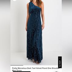 a woman in a blue dress is standing on a white background with the caption pretty marvelous ideal velvet floral one - shoulder gown