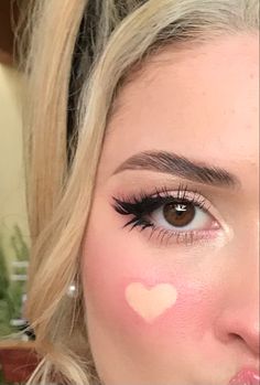 Makeup Hearts On Cheeks, Love Heart Makeup Looks, Blush Hearts Makeup, Heart Blush Makeup Look, Pink Makeup Looks Hearts, Heart Cheeks Makeup, Heart On Nose Makeup, Cute Heart Makeup Looks, Heart Pink Makeup