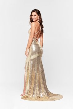 A&N Kara- Gold Sequinned Dress with Slit and Lace Up Back Sequinned Dress, Mermaid Fit, Champagne Prom Dress, Elegant Style, Criss Cross, Champagne, Sequin, Mermaid, Lace Up