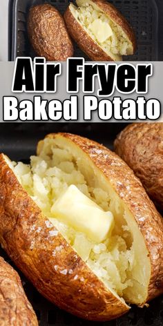 air fryer baked potato with butter on top and in the background text reads air fryer baked potato