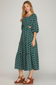 This midi dress, featured in beautiful seafoam green, is perfect for the end of summer and into fall! With a playful 3/4 sleeve cut out waist and tiered design, it's the piece you need to add some fun to your wardrobe. Our model, who stands at 5'9.5" and wears a size small, can't get enough of this trendy dress. Athleisure Shoes, Trendy Dress, End Of Summer, Seafoam Green, Floral Midi Dress, Trendy Dresses, Winter Collection, Summer Collection, Jumpsuit Romper