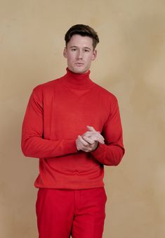 This fine Men's Turtleneck sweater in very high quality fine-knit material.  It boasts long sleeves with delicate ribbing at the cuffs and the hem. Sleek and chic Perfect choice for warmth Very slim fit, consider ordering a size up. Red Long Sleeve Polo Sweater For Winter, Classic Red Fine Knit Sweater, Formal Solid Tops For Winter, Formal Winter Sweater With Ribbed Collar, Formal Merino Wool Sweater For Winter, Formal Long Sleeve Polo Sweater For Winter, Classic Red Long Sleeve Sweater, Formal Long Sleeve Winter Sweater, Winter Formal Polo Sweater With Ribbed Collar