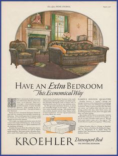 an advertisement for the kroehler extra bedroom furniture line, featuring couches and loveseat