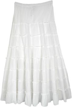 As white as snow, this lovely tiered cotton skirt is the perfect match for someone who likes a feminine yet comfortable style.  With its soft and gentle voile cotton fabric, the skirt has an eight-tiered look has an refined look and the skirt is lined up with the same fabric to the knee. #tlb #XLPlus #Misses #TieredSkirt #MaxiSkirt #Summerskirt #whiteskirt White Flared Skirt With Ruffle Hem, White Ruffled Flared Maxi Skirt, White Tiered Bottoms For Spring, White Ruffle Hem Skirt For Summer, Flowy White Skirt With Ruffle Hem, White Flowy Skirt With Ruffle Hem, Summer White Skirt With Ruffle Hem, White Tiered Skirt With Ruffles, White Tiered Cotton Skirt